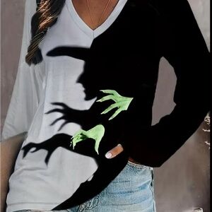 Women's Halloween Witch Shadow Double Sided Print Casual Long Sleeve T-Shirt
